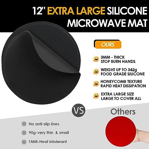 Silicone Microwave Mats, 12" Extra Large Multi-Use Microwave Mat Heat Resistant Silicone Trivet Mat Pot Holders Hot Pads for Kitchen, Silicone Cover Pad for Microwave Oven Hot Pot Pans, Black 2Pack - Image 3