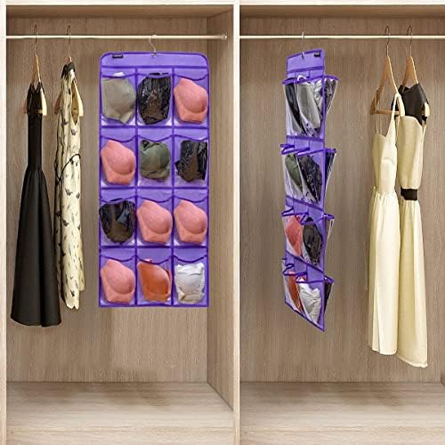 Dual Sided Hanging Shoe Organizer for Closet with Rotating Hanger Hanging Shoe Rack Holder with 24 Large Pockets (Purple-Clear Pockets) - Image 3