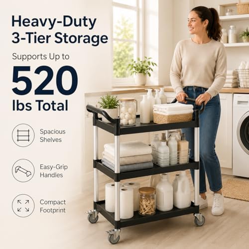 3-Tier Rolling Utility Cart with 2 Locking Brakes, 520 Lbs Heavy Duty 31.5"x15.7"x40.6" Commercial Service Cart, Tangle-Free Silent Wheels for Home, Office, Restaurant, Warehouse, Kitchen - Image 5