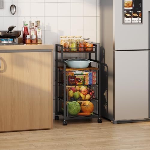 Yociyoga Fruit Vegetable Storage Cart, Kitchen Rolling Cart with Wheels, 4 Tier Pantry Organizer and Storage Cart with Drawer, Wooden Top Kitchen Organizer Rack Stand for Onion Potato Can Snack - Image 6