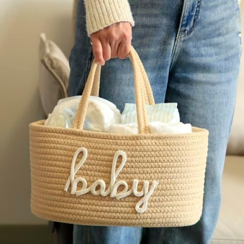 Baby Diaper Caddy Organizer, Nursery Storage Bin Basket for Baby Shower and Baby Wipes- Cotton Rope Portable Diaper Bag for Changing Table, Newborn Essentials Gift-Tan - Image 3