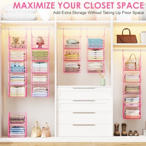 5 Tier Closet Hanging Organizer, Clothes Hanging Shelves with 4 Hanging Hooks 5 S Hooks, Wire Storage Basket Bins, for Clothing Sweaters Shoes Handbags Clutches Accessories Patent Design-Pink - Image 3