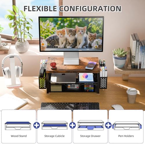 Simple Trending Monitor Stand with Drawer, 2-Tier Laptop Stand, Wood - Image 2