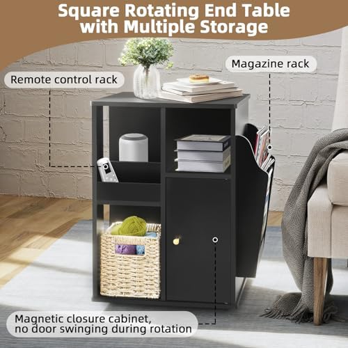 Square Rotating End Table with Storage, 16"D x 16"W x 23.3"H, Black - Image 6