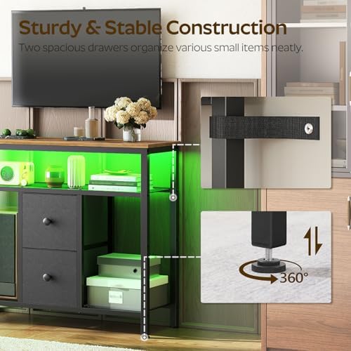 YATINEY TV Stand with LED Lights, Dresser TV Stand, Tall Entertainment Center with 2 Fabric Drawers, TV Media Console Table, for Living Room, Bedroom, Black and Rustic Brown DS10DBR - Image 5