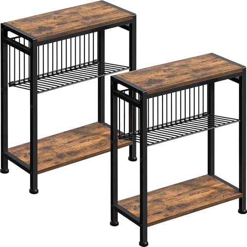 Small Side Table Set of 2 for Small Space, 3-Tier Narrow End Table with Magazine Holder, Slim Nightstand, Skinny Snack Couch Table in Living Room, Bedroom and Balcony (Rustic Brown &Black) by HOME