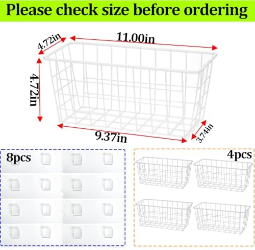 Hanging Kitchen Baskets Adhesive Sturdy Wire Storage Baskets with Kitchen Food Pantry Bathroom Shelf Storage No Drilling Wall Mounted,White,4 Pack - Image 2