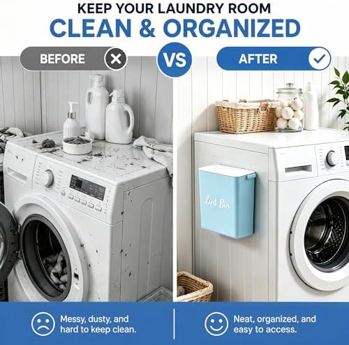 Magnetic Lint Bin with Lid for Laundry Room, Compact Plastic Dryer Lint Holder, Small Laundry Trash Container for Dryer Lint & Used Dryer Sheets, Space Saving Storage Decor Organizer (Blue) - Image 4