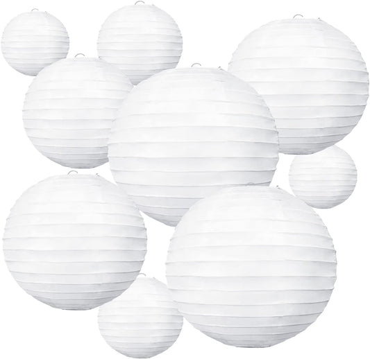 BEISHIDA 10Pcs White Paper Lanterns Decorative Chinese/Japanese Hanging Round Paper Lanterns Lamp for Birthday, Wedding, Christmas, Bridal, Home Decor, Party Decoration(Size of 4”, 6”, 8”, 10”)