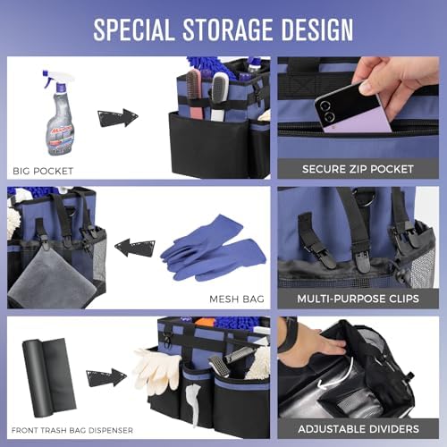 SCAVATA Wearable Cleaning Caddy, Cleaning Caddy Supplies Organizer with Handle & Shoulder Straps for Housekeepers, Under Sink & Car Cleaning Tool Organizers Bag with 4 Foldable Divider (CeruleanBlue) - Image 2