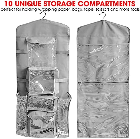 Wrapping Paper Storage Hanging Over the Door Wrapping Paper Organizer Store Gift Wrap Gift Bags Ribbon Bows and Accessories 40”x17” Fits Long 40 Inch Rolls Double Sided Clear PVC Bag (Gray) - Image 2