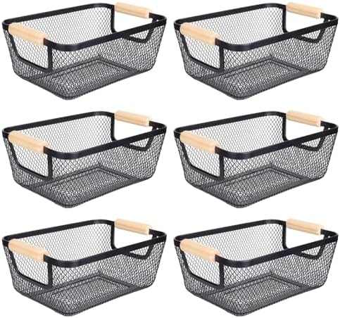 6 Pack Black Wire Basket with Wooden Handle, Storage Bins for Pantry by Dualshine