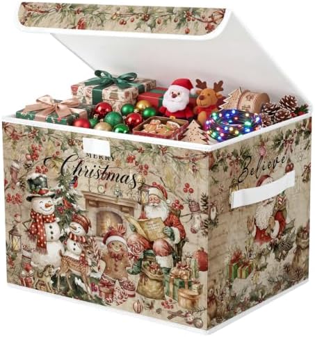 Briwooody Vintage Christmas Storage Bin with Lid and Carrying Handle Christmas Gingerbread Man Foldable Storage Box Large Xmas Decorative Collapsible Container Basket for Organizing Closet Home Gift by Briwooody