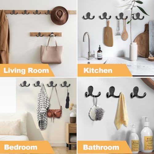 CBWLWJ 10 Pack Coat Hooks Wall Hooks for Hanging, Heavy Duty Double Prong Metal Hook Wall Mounted for Living Room, Bathroom, Kitchen, Bedroom for Coat, Bag, Scarf, Towel, Hat, Key, Cup (Black) - Image 2