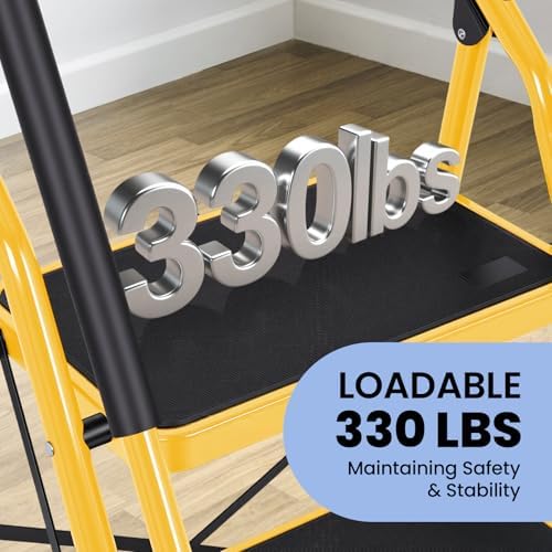 Step Ladder 3 Step Folding with Handrails, Folding Step Stool with Wide Anti-Slip Pedal, Sturdy Steel Portable Ladder, Lightweight Step Stool Foldable for Library Home Garage Office, Yellow - Image 4