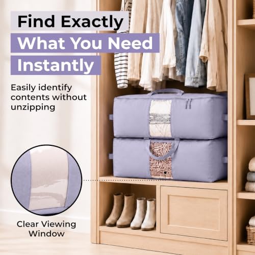 Soft Canvas Storage Bags with Zipper. Thick Breathable, 2pc King/Queen Comforter Organizer. Four Carrying Handles and Window. Large 25x19x9in Bag for Sheets Blankets Bedding Pillows, Clothes (Purple) - Image 5