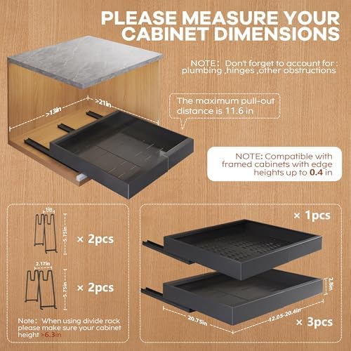 Seinloes 4 Pack Expandable Pull Out Cabinet Organizer 21"Deep With Raising Pad for Framed Cabinets,Slide Out Drawers With 4pcs Divider Racks,No Drill Roll Out Shelf,Adjustable Width 12.05"-20.4"Black - Image 4