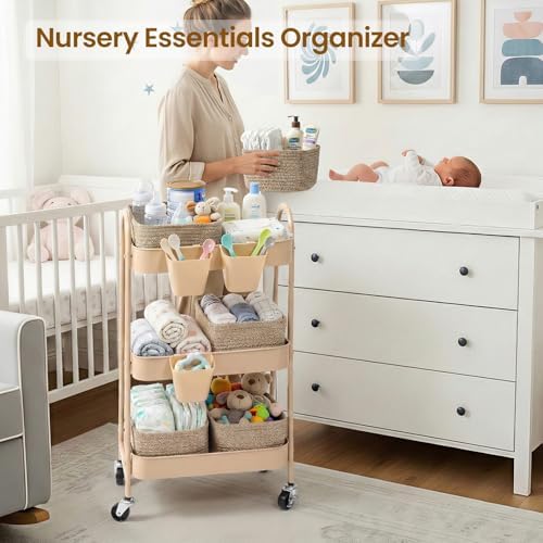 3-Tier Rolling Utility Cart with 4 Woven Baskets, Diaper Book Snack Cart, Storage Organizer for Nursery, Kitchen, Craft Room, Home SPA, Living Room, Metal Frame Trolley on Lockable Wheels, Brown - Image 3