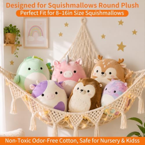 Corner Stuffed Animal Hammock, Large Handwoven Cotton Plush Toy Storage Net Compatible with Squishmallow Plush, Boho Hanging Wall Organizer Decor for Girls Bedroom, Cream White - Image 2