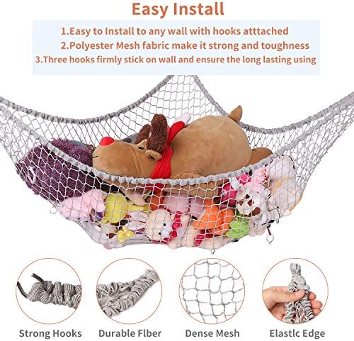 Stuffed Animal Hammock, Toy Hammock Storage Net, LXUNYI Mesh Toy Net Holder Jumbo Wall Corner Giant Stuff Animal Net Hammocks Plush Net Organizer for Bedroom (Gray, 84 inch) - Image 2