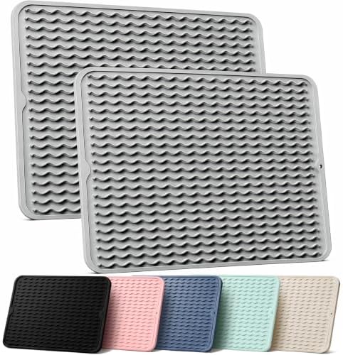 2 Pack Silicone Dish Drying Mat for Kitchen Counter Heat Resistant Pads Hot Dishes Waterproof with Under Sink Soap Holder Coffee Bar Accessories Women Gifts Large 18"x16" Light Gray by AOTASO