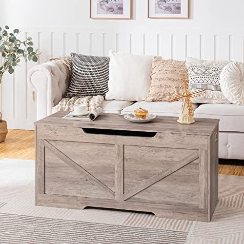HOOBRO Storage Bench, 43.3” Retro Wooden Storage Chest with U-Shaped Cut-Out Pull, Safety Hinge, Supports 330 lb and Easy Assembly for Toy Box Organizer (Greige) BG772CW01G1 - Image 4