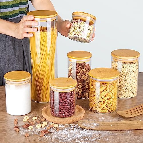 Vtopmart Glass Food Storage Jars, 7 Pack Kitchen Containers with Airtight Bamboo Wooden Lids for Pasta, Cookies, Nuts, Coffee Beans, Cereal, Canisters Set for Flour, Pantry Organization, BPA Free - Image 3