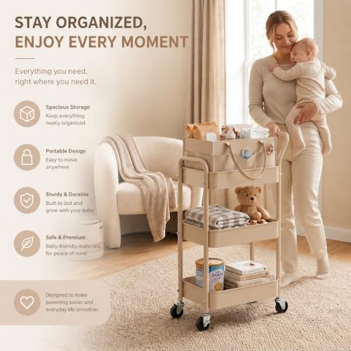 3 Tier Baby Diaper Caddy Organizer Cart with Detachable Dividers and Wheels - Image 4
