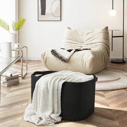 MEGASKET Extra Large Basket for Blankets, 23.6" x 17" x 12" Black Blanket Storage for Living Room, Big Cotton Rope Pillow Holder, Rectangle Kid Dog Toy Bin Box, Woven Laundry Basket, Shoe Bin Entryway - Image 3
