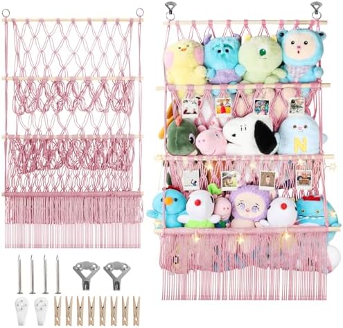 3 Tier Hanging Stuffed Animal Storage Shelf, 24x39 Inch Plushy Net,Pink by iHansee