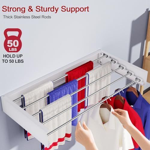 Wall Mounted Drying Rack 31.5", Foldable Laundry Drying Rack with Stainless Steel Rods, Retractable Laundry Space Saver for Indoor & Outdoor Use, Include Wall Template - Image 5