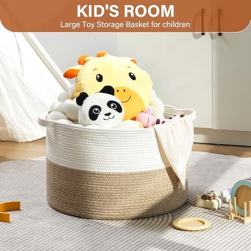 Foldable Laundry Hamper Basket with Collapsible Handle Cotton Rope Soft Woven Fabric Storage Organizer Clothes Toys Nursery Bedroom Dorm Space Saving Bin (White & Brown, 65L(19.7"D x 12.6"H)) - Image 3