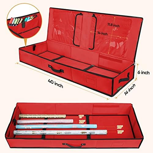 BALEINE Wrapping Paper Storage Organizer, 40" Durable 600D Oxford Fabric Gift Wrap Storage Bag with Flexible Partitions for Ribbon, Holiday Accessories (Red) - Image 4