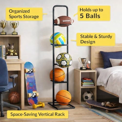 Vertical Ball Rack -basketball rack- Durable Carbon Steel Storage for Basketball, Soccer, Volleyball, and More - Easy to Assemble, Waterproof, Sturdy - 56.7" H - Image 5