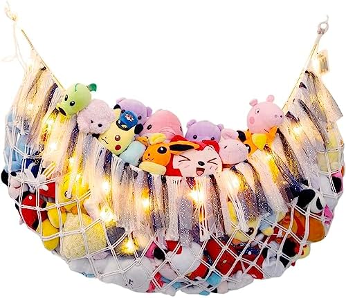 Large Stuffed Animal Net or Hammock with Light Wall Hanging Organizer for Kid Room Toy Storage Net Bedroom Playroom Plush Toy Holder-Cream by Amdermi