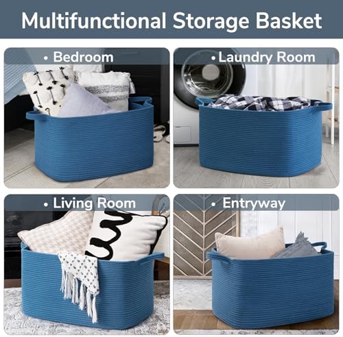 Goodpick Large Woven Rope Blanket Basket, Rectangle, Dark Blue - Image 4
