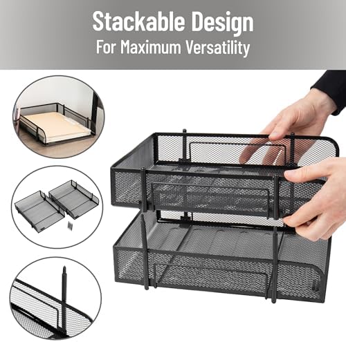 Mind Reader Stackable Paper Tray, Desktop Organizer, File Storage, Office, Metal Mesh, 2 Pcs, Black - Image 4