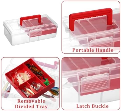 JUXYES Plastic Fishing Tackle Box Organizer with Removable Dividers, Clear Fishing Tackle Storage Boxes with Handle, 2 Layer Fishing Tackle Tray Box Lure Box, Red (Pack of 2) - Image 6