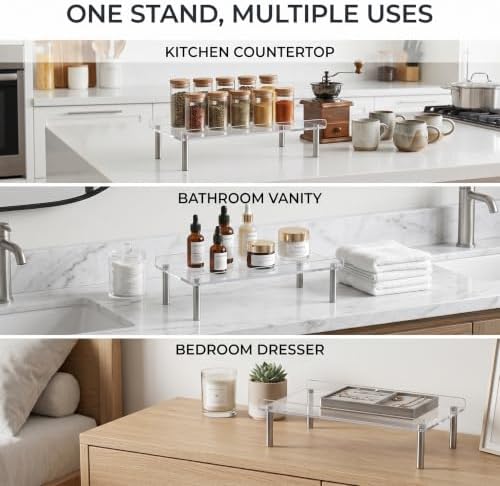 2 Pack Clear Acrylic Riser, Display Stand, Large Transparent Monitor Riser Stand Acrylic Shelf with Non-Slip Feet, Desktop Organizer for Collectibles, Figurines, Cosmetics, Multifunctional Stand - Image 3