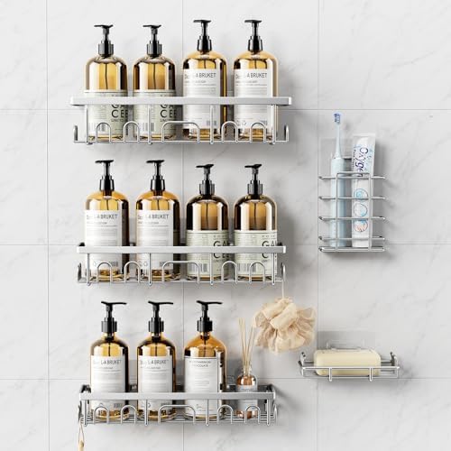 Shower Caddy, 5 Pack Shower Shelves for Inside Bathroom, Rustproof Adhesive Bathroom Organizer with Soap Holder, No Drilling Washroom Organizers and Storage for Bathtub Room, Matte silver by Deyhoc
