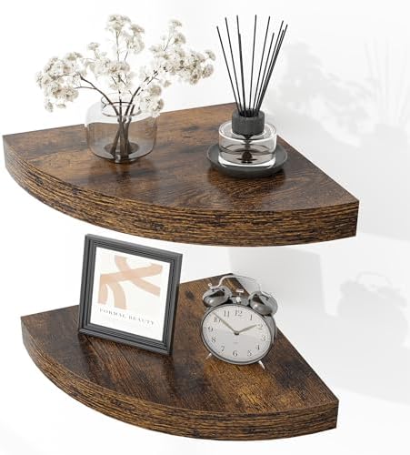 Fun Memories Floating Corner Shelves Set of 2 - Rustic Wood Wall Mounted Storage and Display Shelves for Living Room, Bedroom, Kitchen, Bathroom - Space Saving Home Decor, Brown by FunMemories
