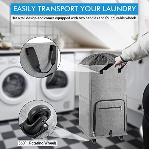 Laundry Hamper with Wheels, Bukere Large Rolling Laundry Basket with 4 Casters and 2 Handles, Collapsible Freestanding Wheeled Laundry Bag for Clothes, Laundry Room, Bathroom, Apartment, College - Image 2