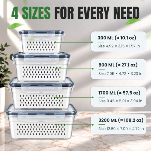 Plastic Fruit Storage Containers for Fridge,4 Pack Airtight Produce Keeper - Image 2