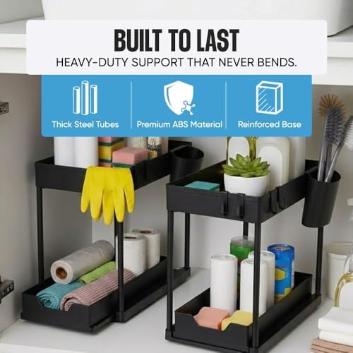 Undersink Organizer, 2-Tier Under Sink Storage Rack with Sliding Drawers for Kitchen Bathroom Cabinets, Pull Out Organizer for Pantry, Laundry Room & Closet Organization - 2 Pack, Black - Image 4