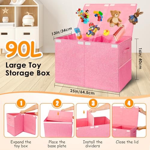 Large Toy Storage Box with Lid Upgraded Toy Chest Organizer with Removable PP Divider Foldable Toy Bin for Kids Boys Girls Linen Fabric Toy Box for Playroom Nursery Bedroom (25"x13"x16") - Image 2
