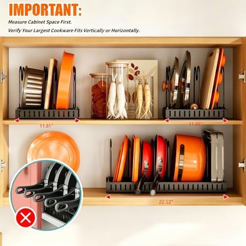 Metal Pot and Pan Organizer, 2-Section Heavy-Duty Expandable Rack, 7 Adjustable Dividers Multi-Purpose Storage for Cookware, Pot Lids, Cutting Boards & Bakeware, Cabinet & Countertop - Image 6
