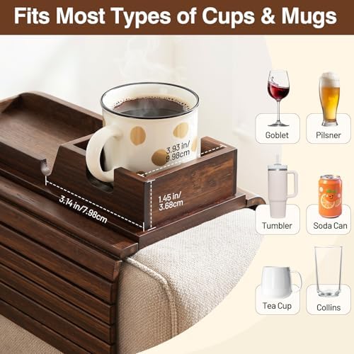 Couch Arm Tray, Bamboo Sofa Tray Table for Couch, Anti-Slip Armrest Organizer, 2-in-1 Split Design Fits Most Sofa Arms, Foldable Couch Cup Holder for Snacks, Phone, Control, Cups, Brown - Image 4