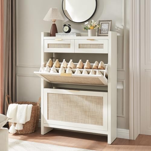 HOKYHOKY Rattan Shoe Storage Cabinet with 2 Drawers & 2 Flip Drawers by HOKYHOKY