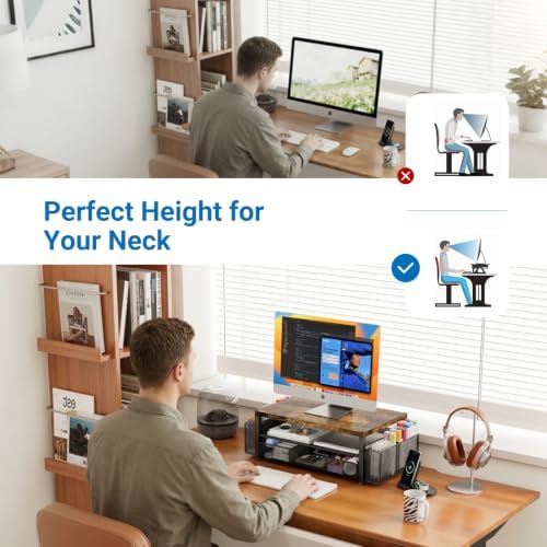 OPNICE Desk Organizers and Accessories, Computer Monitor Stand Riser with Drawer and 2 Pen Holders, Printer & Laptop Stand, Office Desk Accessories & Workspace Organizers for Home Office Supplies, Wood Brown - Image 5
