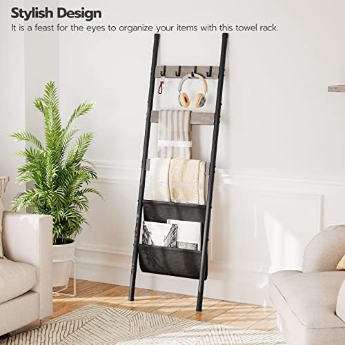 HOOBRO Blanket Ladder, 5 Tier Towel Rack, 17.3" L x 63" H, Wall-Leaning Blanket Rack for Living Room, Decorative Ladder with 4 Hooks and Magazine Pocket, Greige BG32CJ01 - Image 2